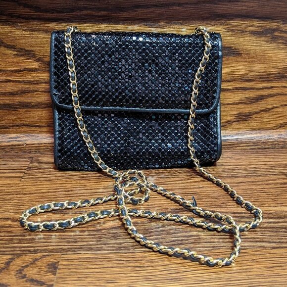 Whiting & Davis International black metal mesh clutch with gold leather chain - Picture 1 of 7